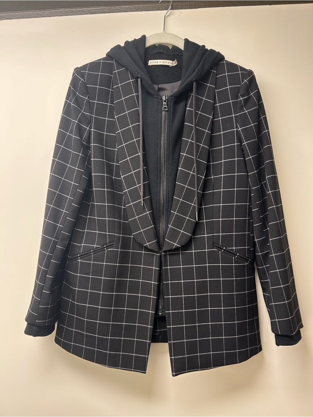 Alice + Olivia Black Windowpane Blazer with Attached Hooded Layer
